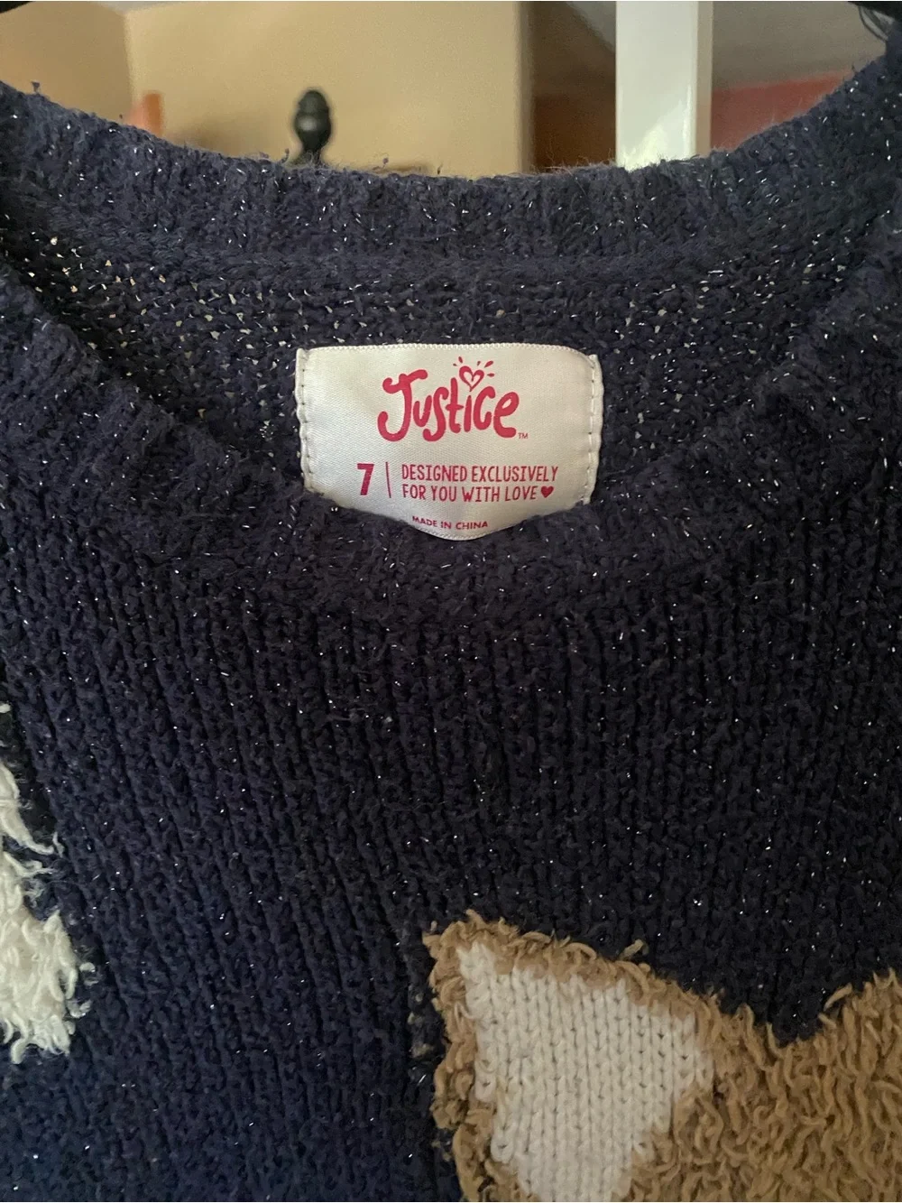 Justice Navy Fox Intarsia Sweater with Tan & White Details